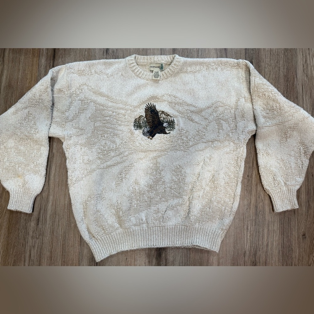 Men's Chunky Knit Cream Sweater with Embroidered Bald Eagle Design